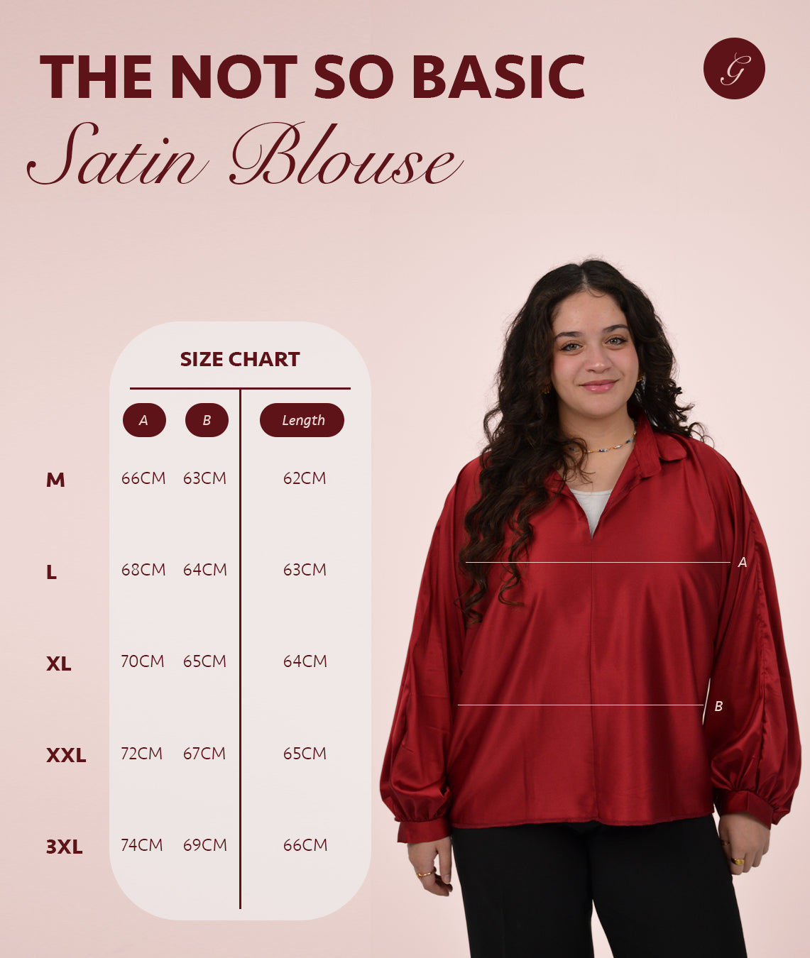 Woman wearing a red satin blouse with a size chart on a beige background